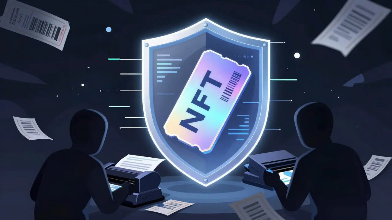 Illustration of a secure NFT ticket protected by a digital shield from counterfeiters and scalpers.