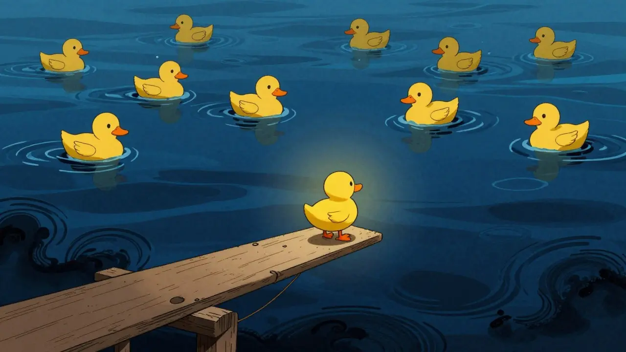 Illustration of a small duck on a narrow plank over a dark ocean representing low liquidity