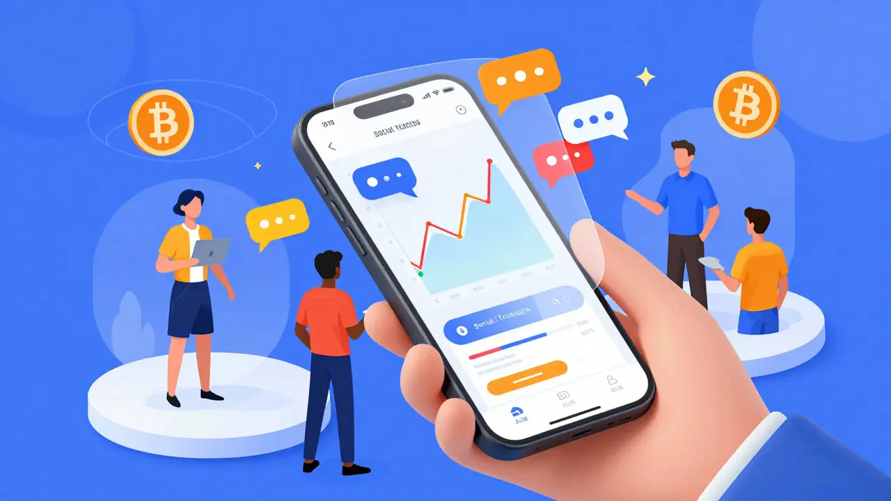 Illustration of a smartphone displaying crypto charts and social chat bubbles