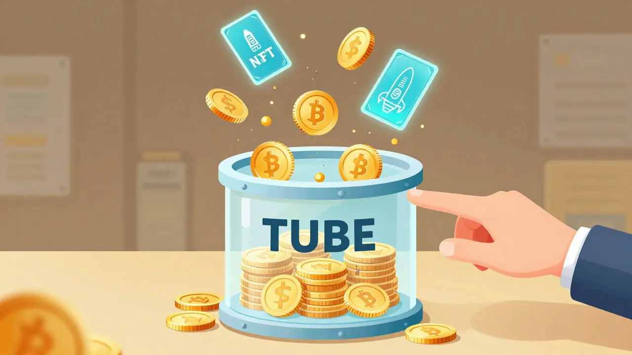 Illustration of a staking tube converting gold coins into floating NFT cards