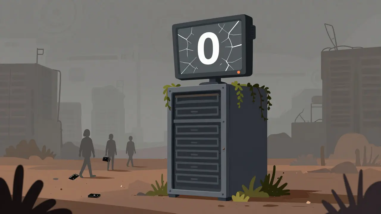 Illustration of an abandoned digital exchange in a dusty landscape