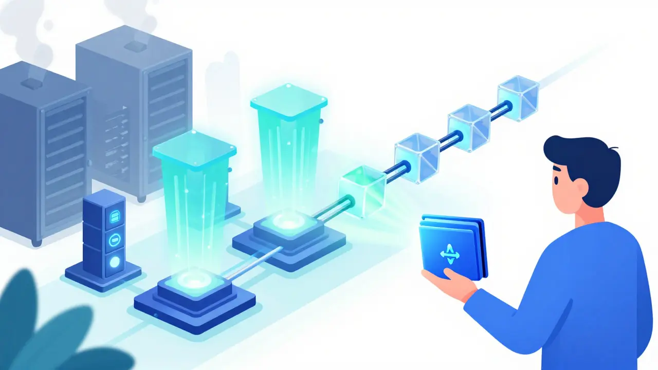 Illustration of futuristic quantum-native blockchain with efficient processing