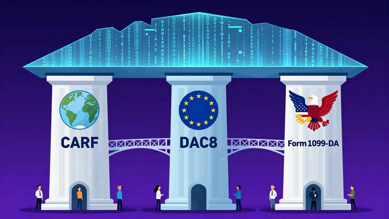 Illustration of three pillars supporting a digital roof representing global tax frameworks