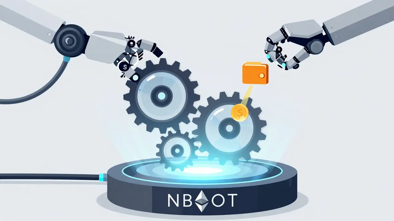 Illustration showing smart contracts and oracles automating payouts in the NBOT ecosystem without intermediaries.