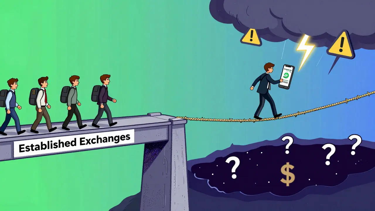 Investor walking on a fraying rope over an abyss, contrasting with a safe bridge.