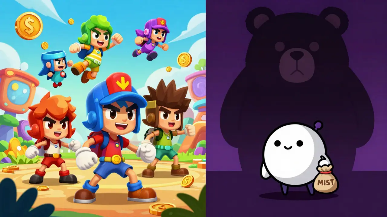 Split screen comparing vibrant AAA games to a small Mist character