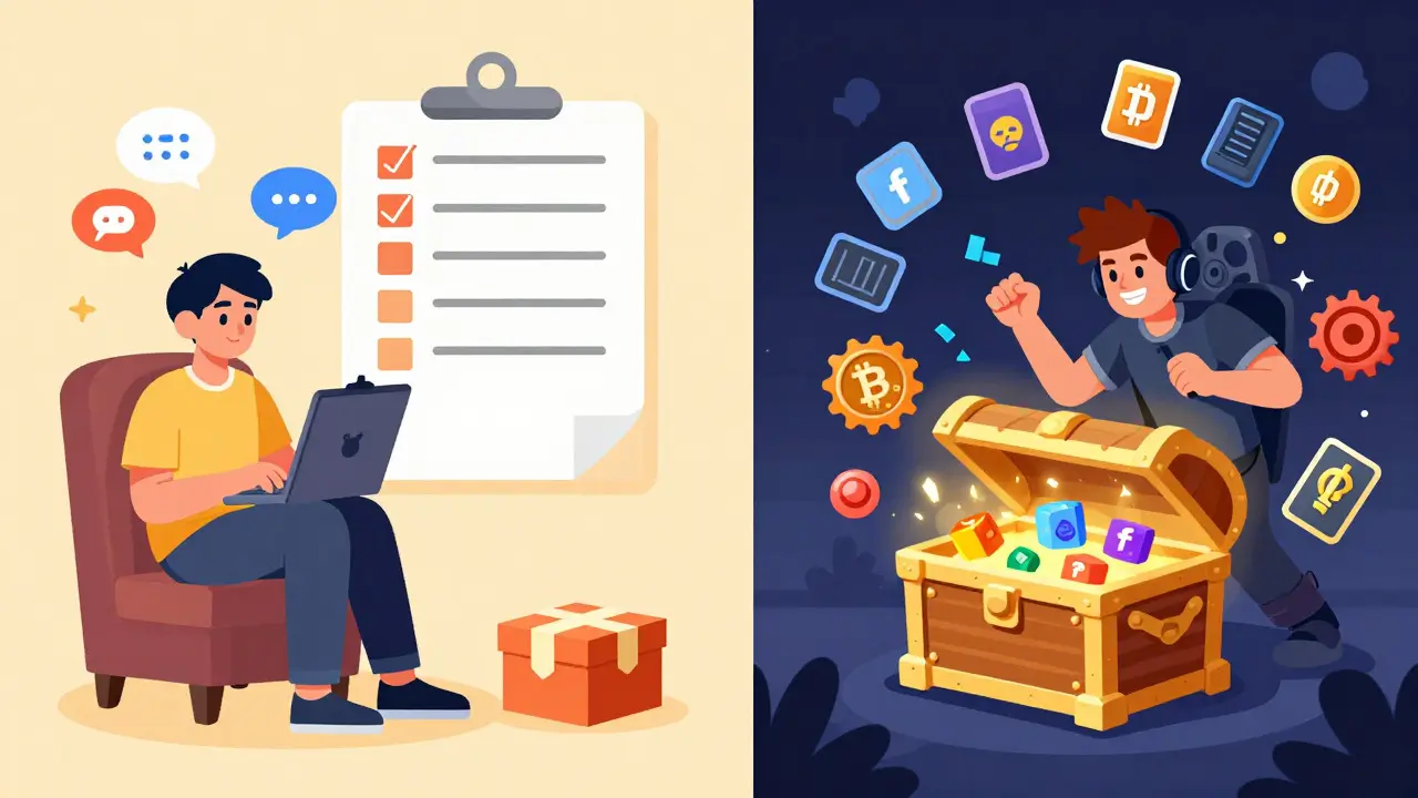 Split view comparing casual social tasks versus active gameplay rewards