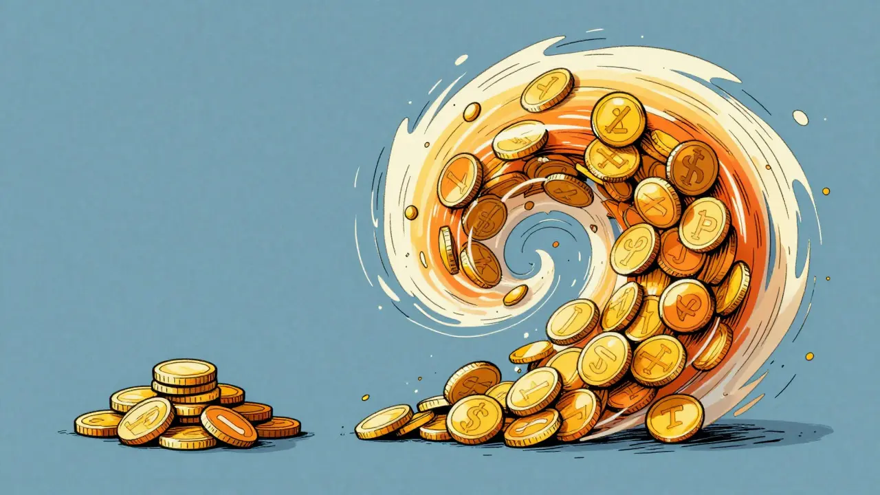 Visual comparison of static coins versus a rolling snowball of compounding interest
