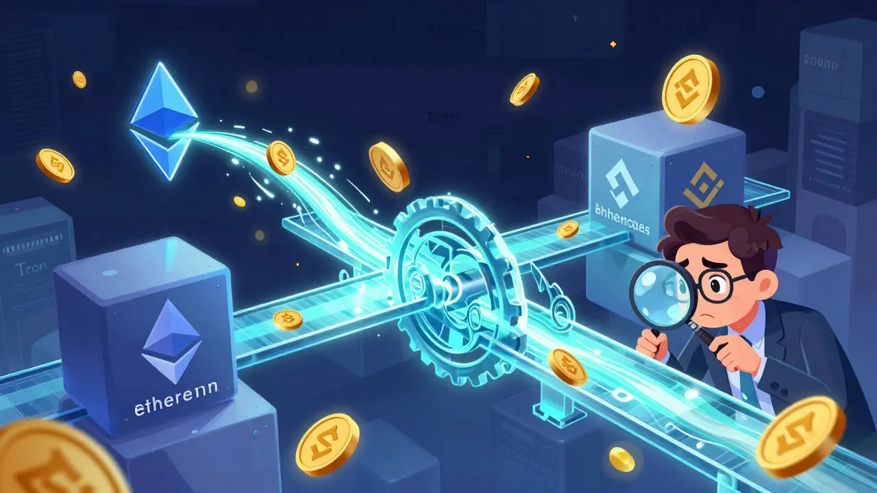 Visualizing the challenge of tracking crypto funds across different blockchain bridges.