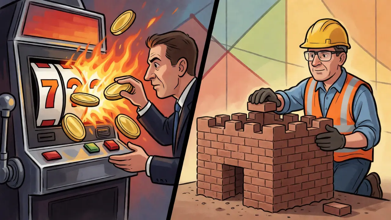 Architect building safe fortress vs gambler at fiery slot machine