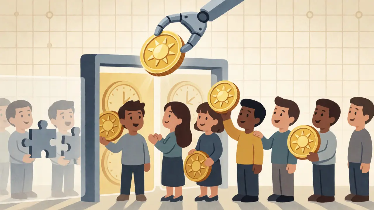 Avatars receiving SXP tokens at a digital gate while others are blocked by rules.