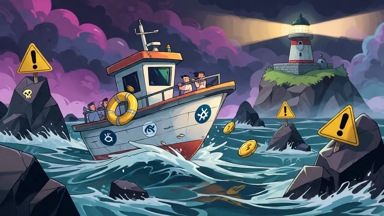 Cartoon boat navigating dangerous waters away from a safe, regulated exchange island.