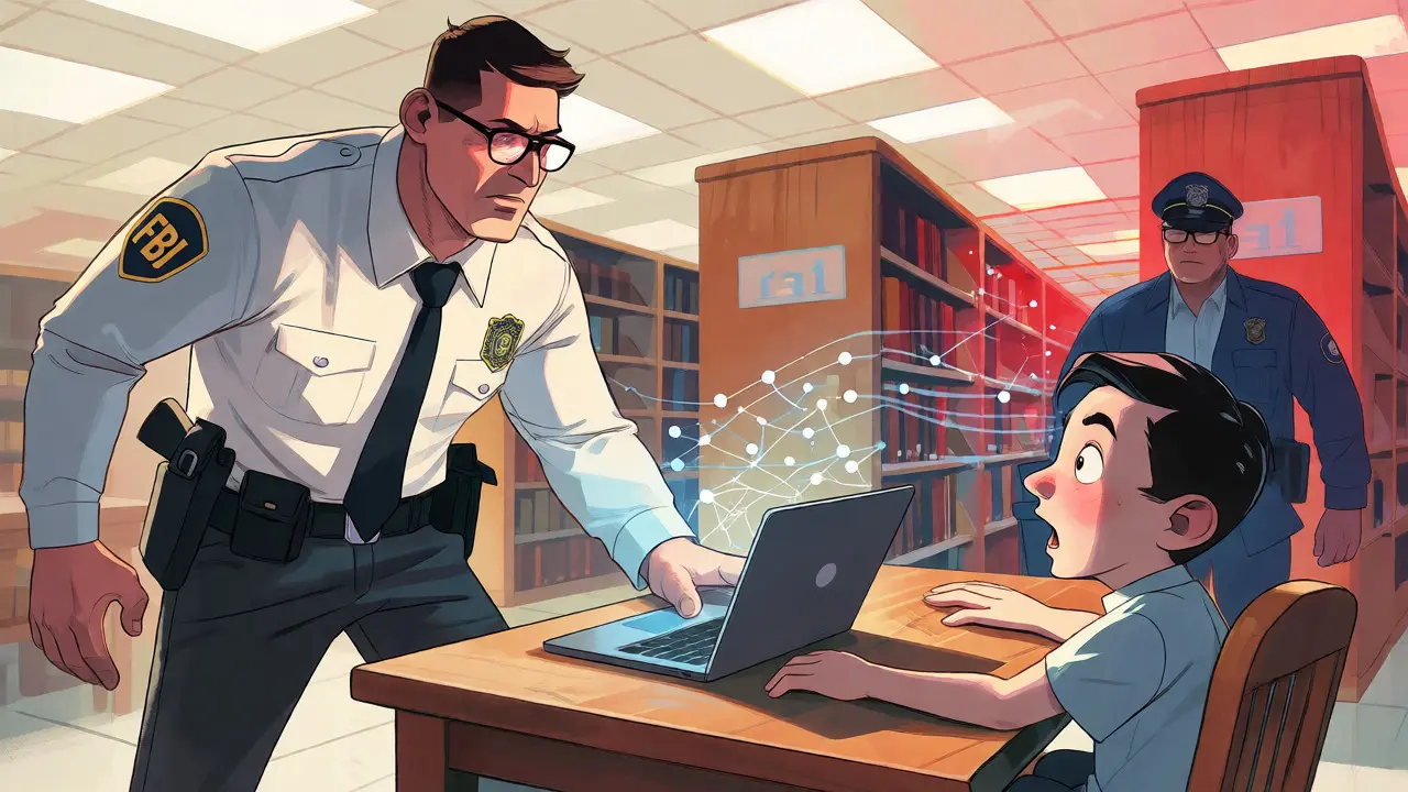 Cartoon depiction of an arrest in a library with digital overlays.