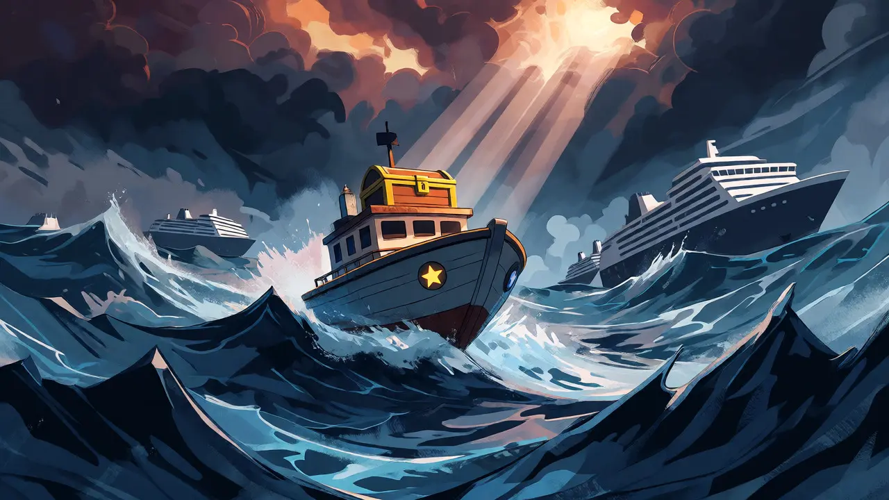 Cartoon depiction of LODE as a small boat navigating volatile crypto markets.