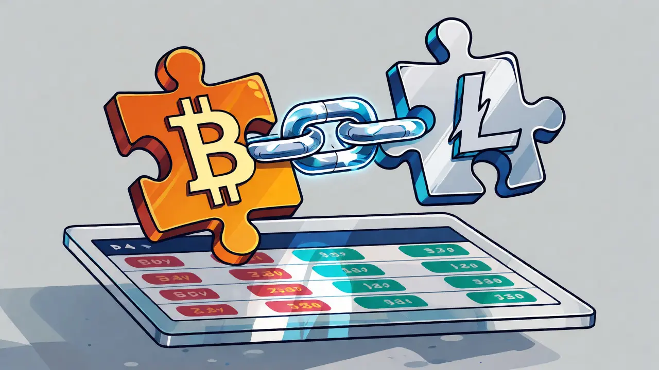Cartoon illustration of two blockchain puzzle pieces linked by a glowing atomic swap chain in mid-air.