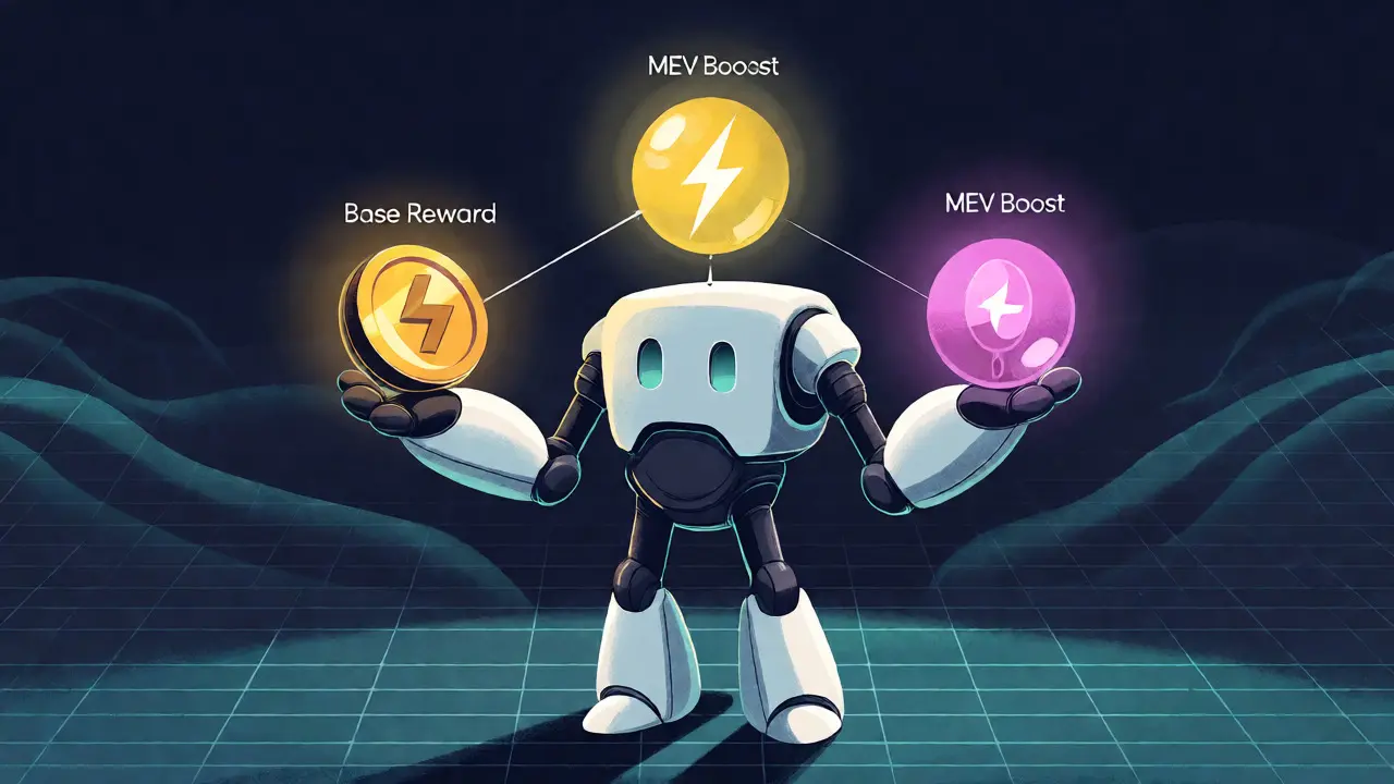 Cartoon validator balancing base rewards, MEV boosts, and transaction fees.