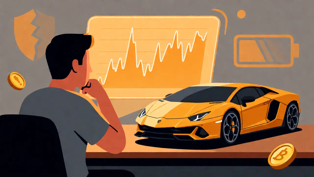 Character analyzing volatile charts beside a stationary Lamborghini model, symbolizing WLBO risks.