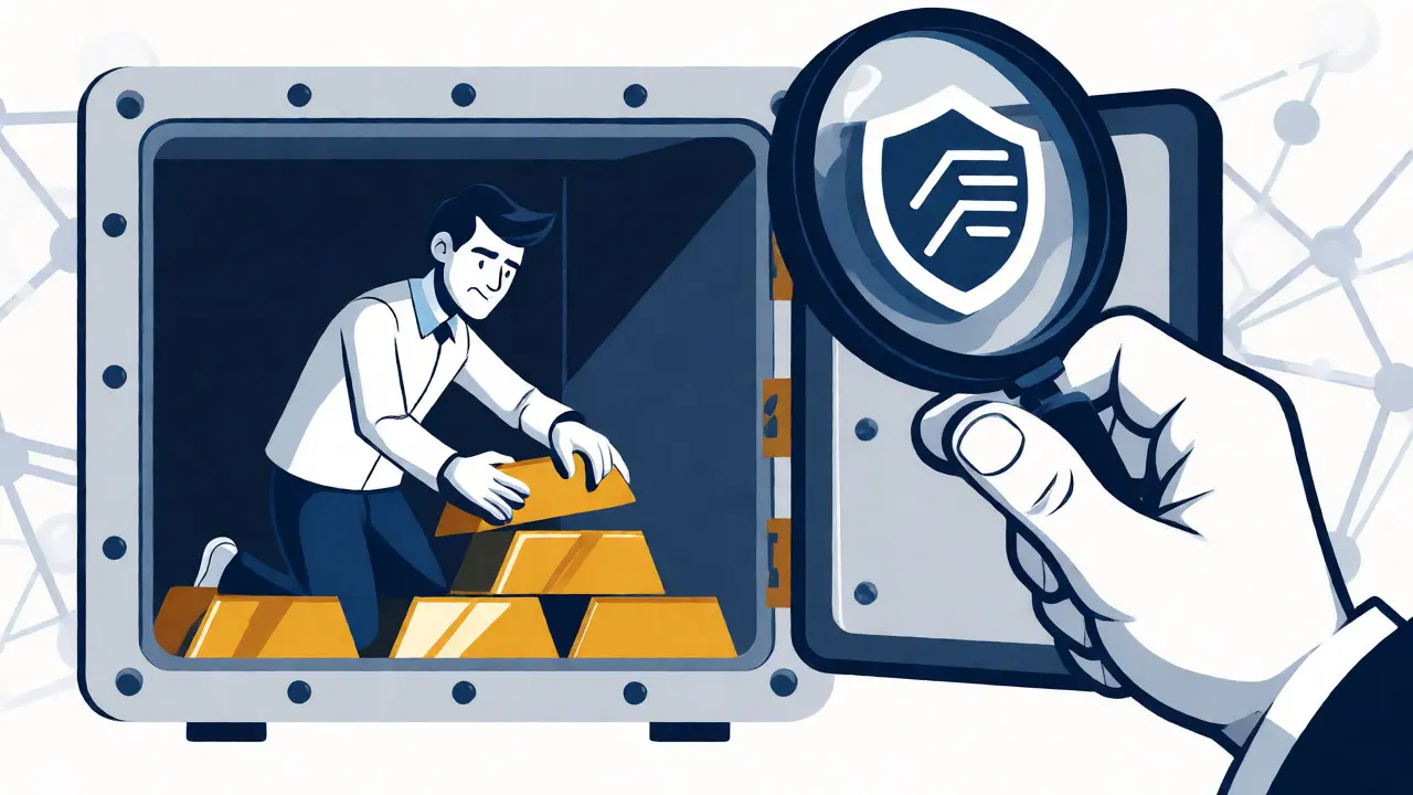 Citizen placing crypto assets into a secure vault under government inspection.