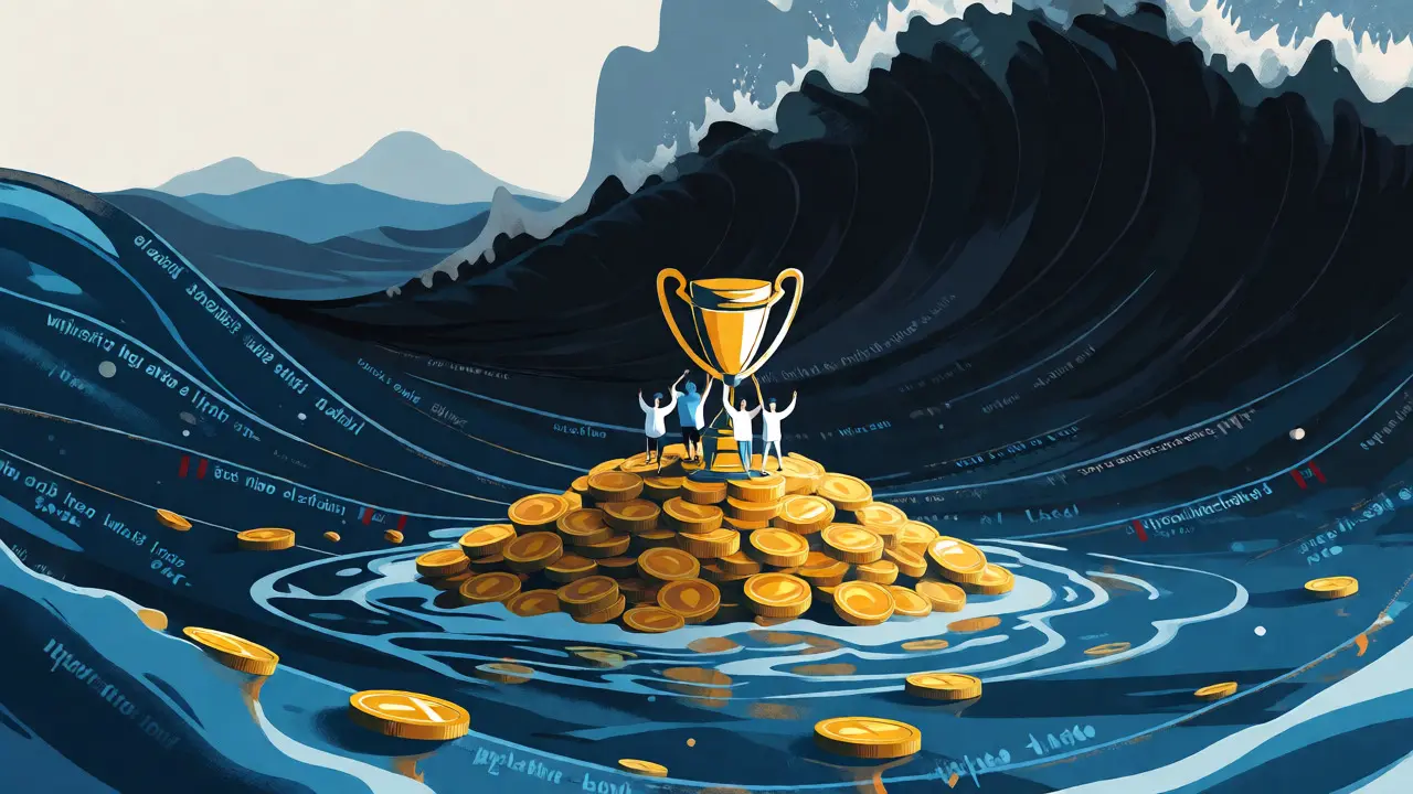 Conceptual art showing a small island of holders facing a large wave of market volatility.