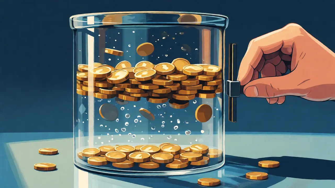 Conceptual art showing coins concentrated in a central band within a glass container, depicting liquidity.
