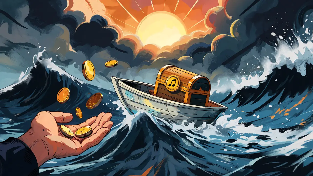 Conceptual cartoon of navigating crypto market volatility while holding HUSL music tokens.