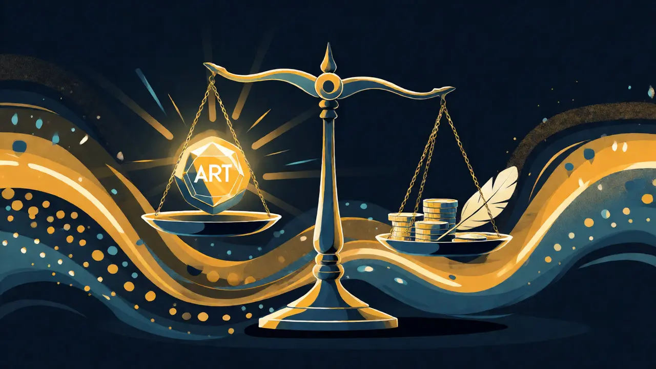 Conceptual scale balancing a glowing token against small coins and a feather.