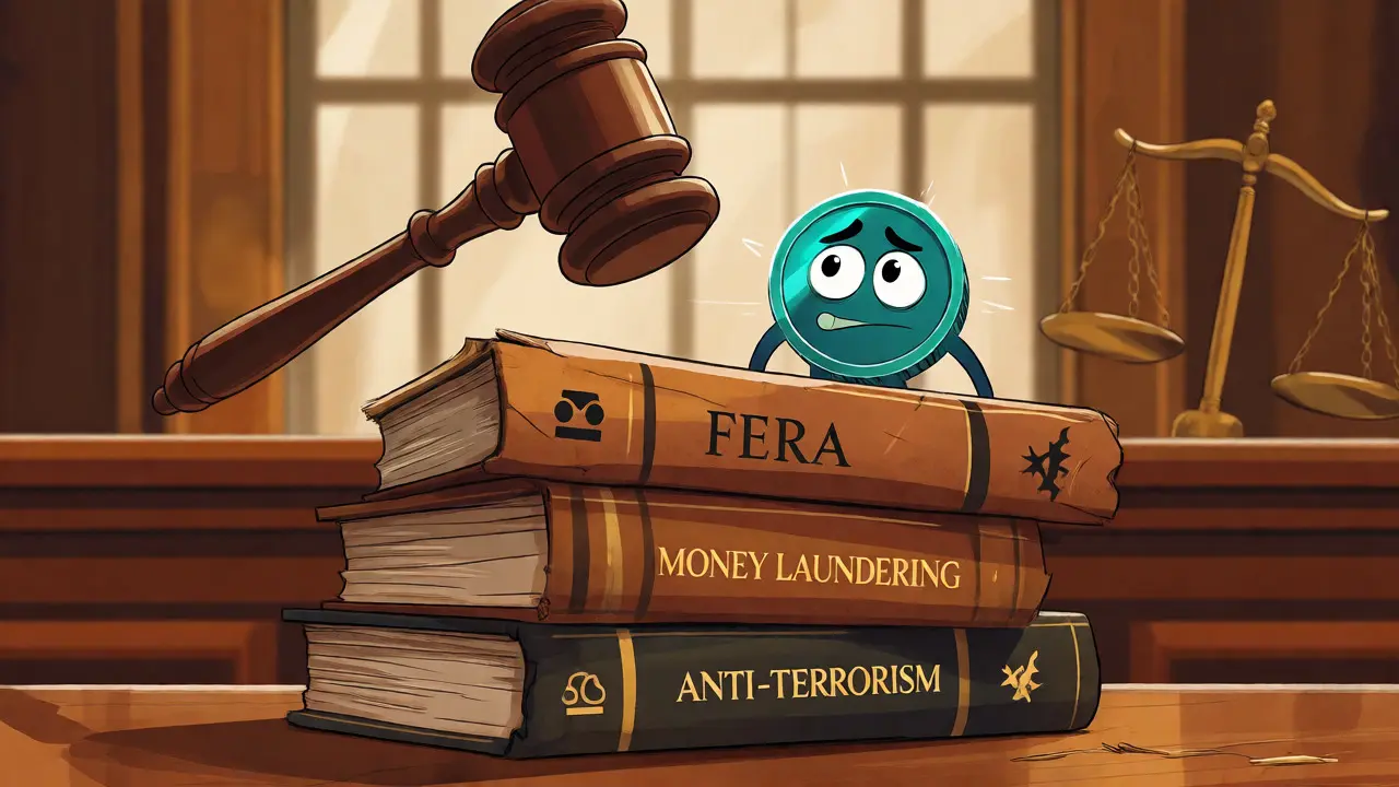 Confused digital coin balancing on old law books under a judge's gavel