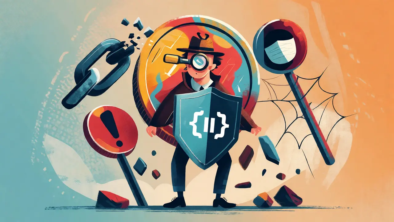 Detective analyzing crypto token surrounded by warning symbols