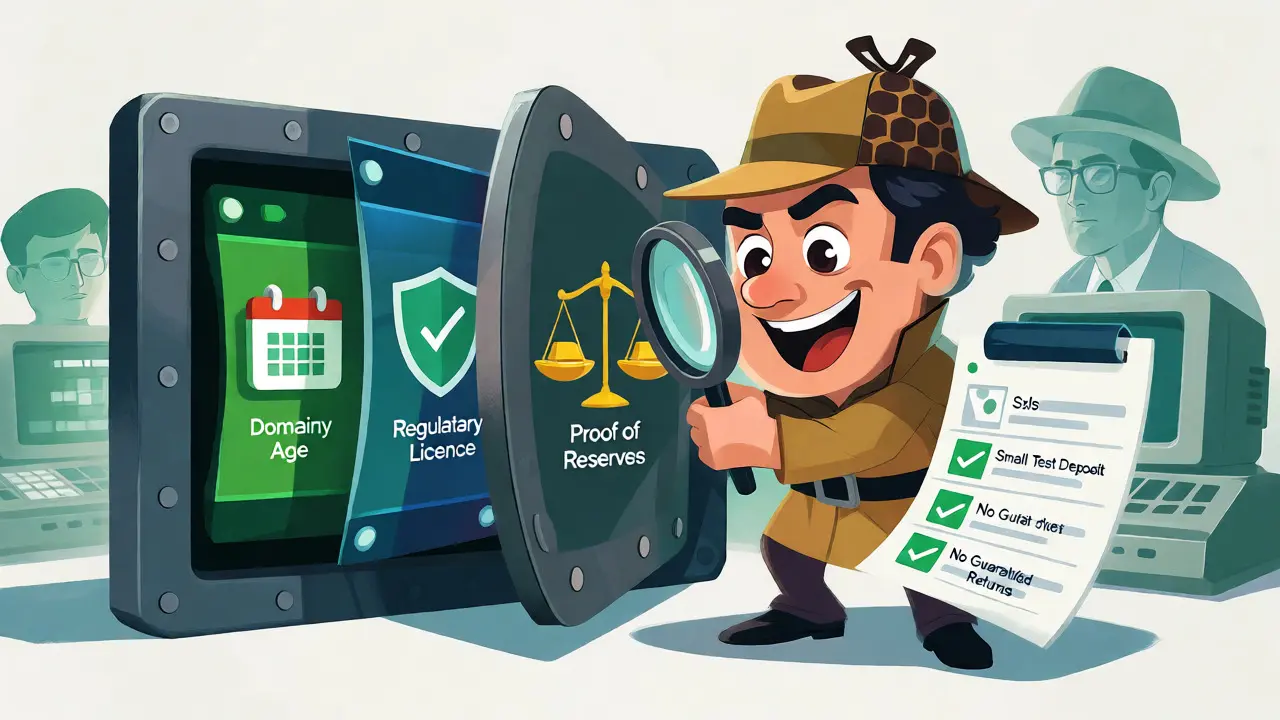 Detective inspecting a crypto vault for licenses, domain age, and proof of reserves.