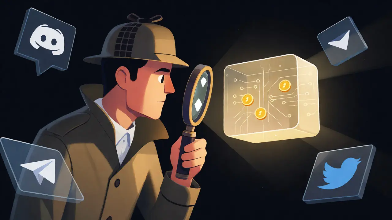 Detective inspecting smart contracts to verify Spherium airdrop claims