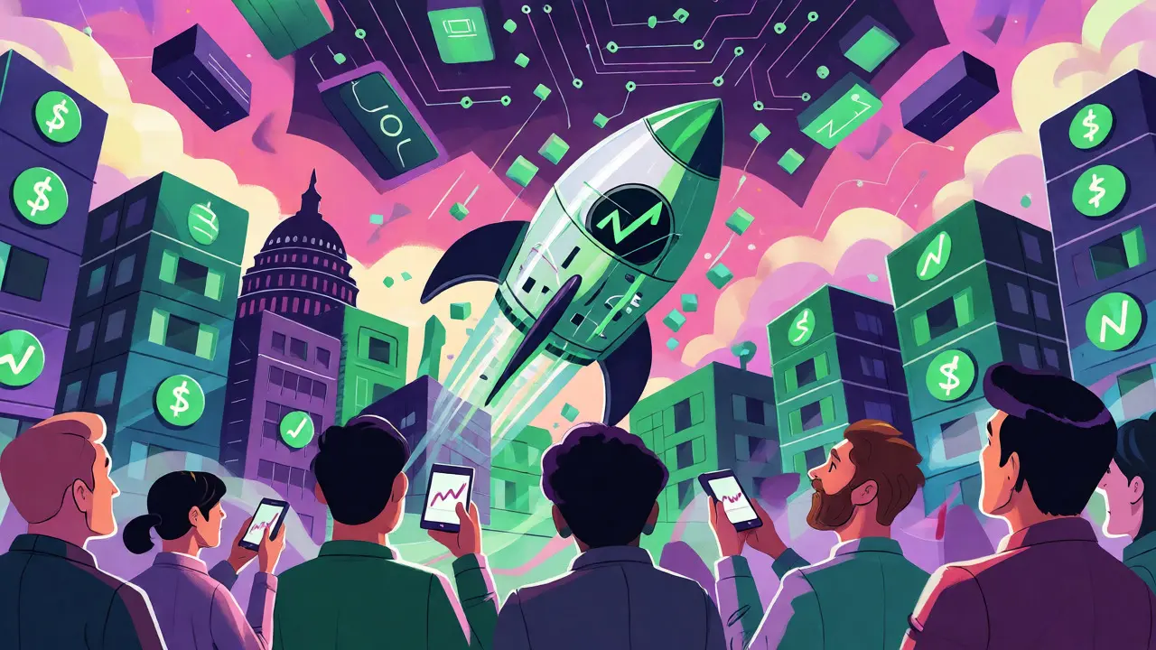 Editorial art illustrating market growth and innovation driven by the GENIUS Act.