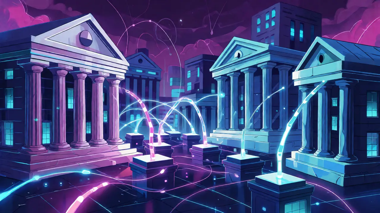 Futuristic network connecting banks and crypto exchanges during news events