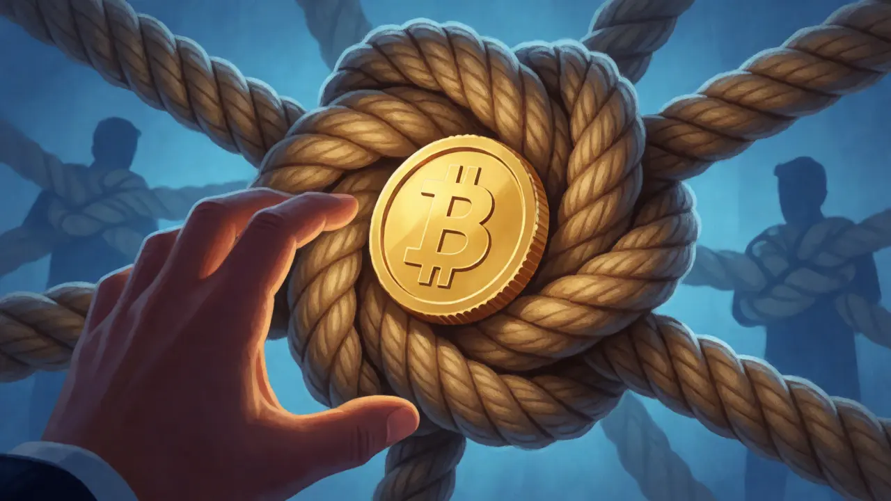 Golden crypto coin trapped in a tangled knot of hidden fees and errors.