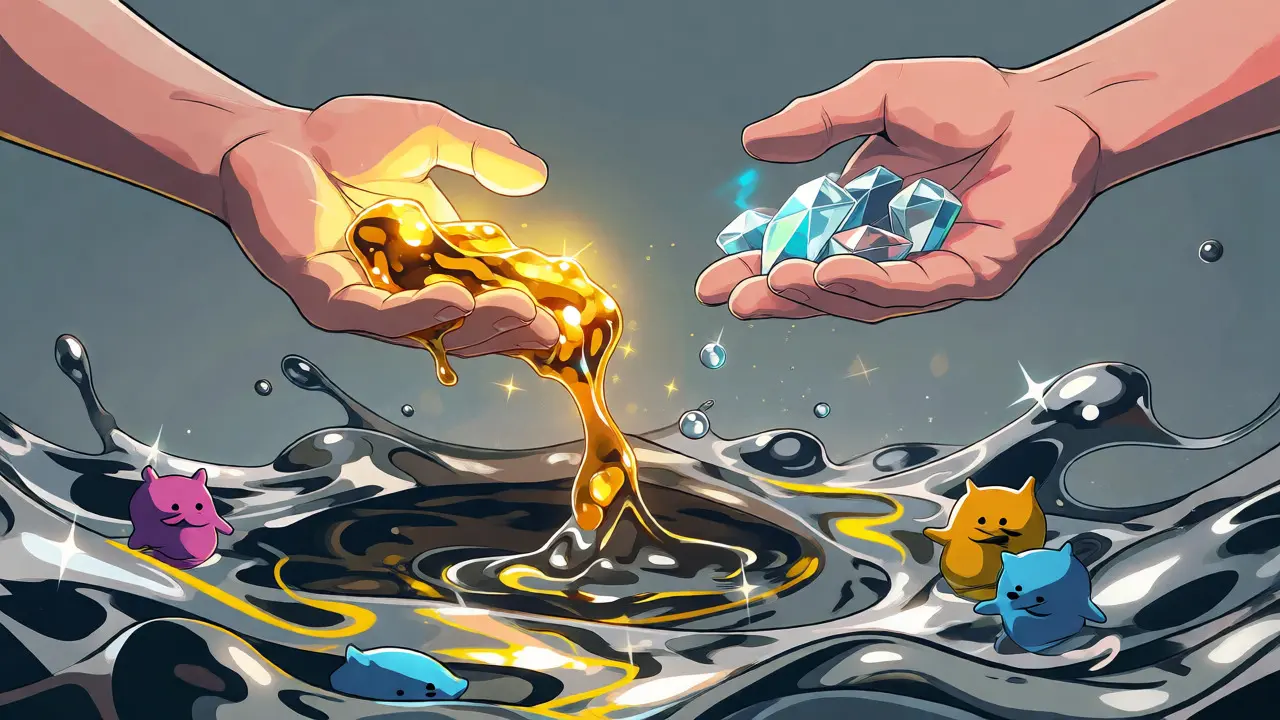 Hands exchanging liquid gold for crystal shards