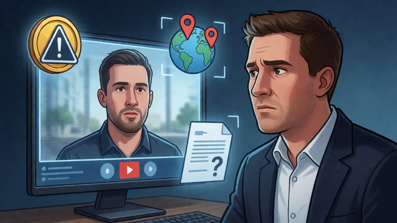 HR manager spotting deepfake artifacts and crypto payment red flags during a remote video interview.