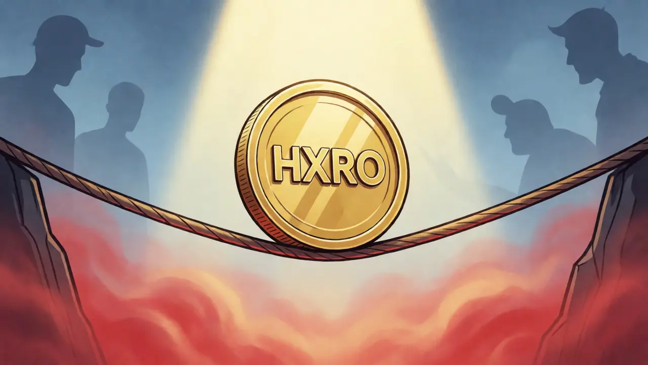 HXRO token balancing on a tightrope, symbolizing low liquidity and market volatility risks.