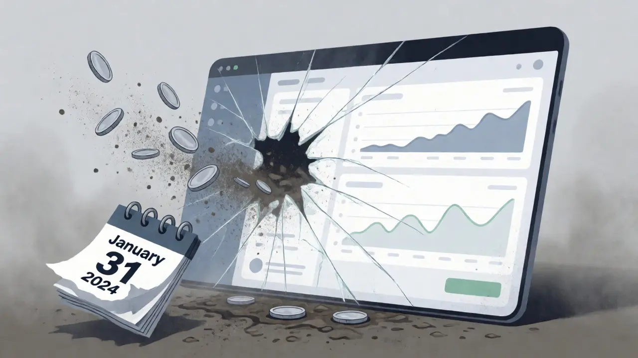 Illustration of a cracking trading screen and coins turning to dust, symbolizing the exchange's closure.