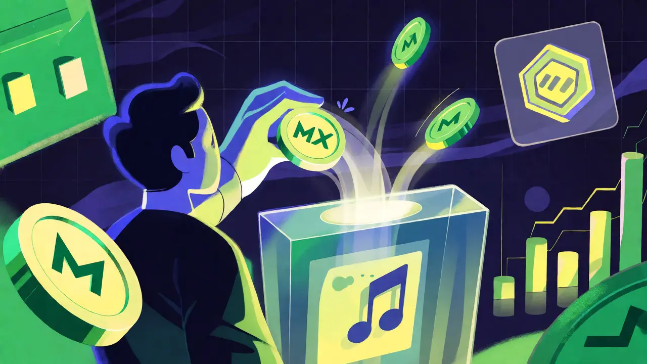 Illustration of users voting with MX tokens to claim HUSL NFT airdrops on the MEXC platform.