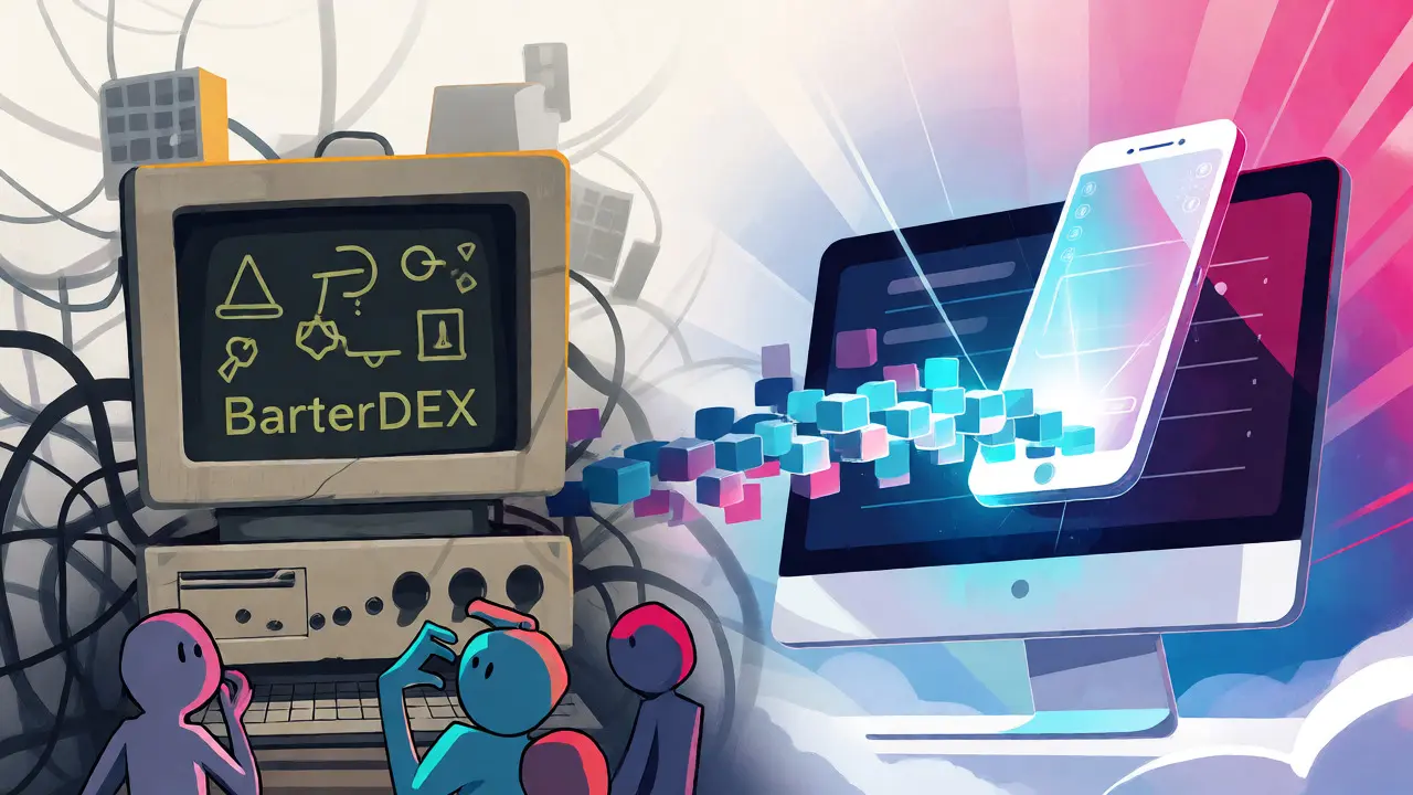 Illustration showing the transition from a cluttered old exchange interface to a sleek, modern AtomicDEX design.