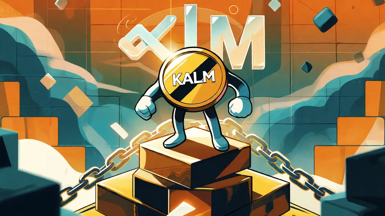 KALM coin character on pedestal with lock chains