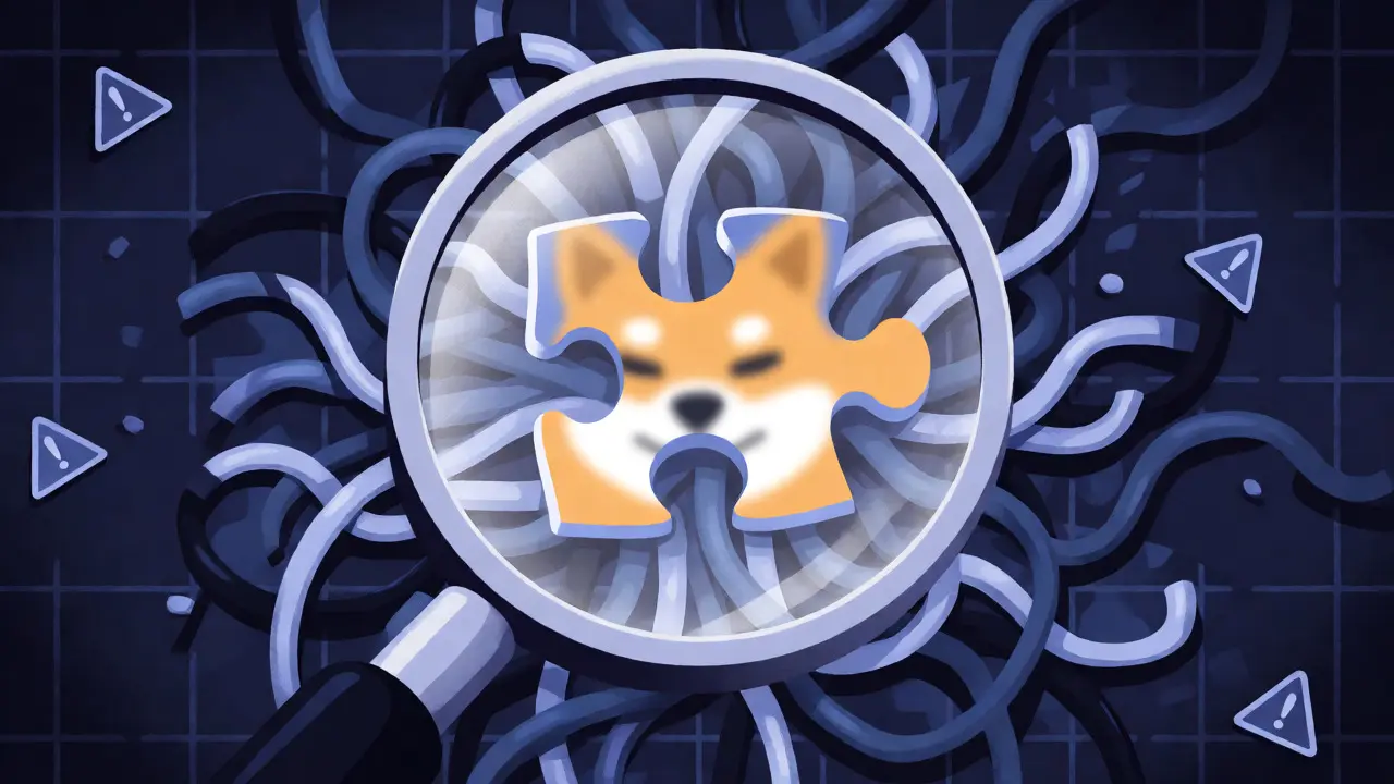 Magnifying glass inspecting fragmented digital puzzle pieces in dark setting
