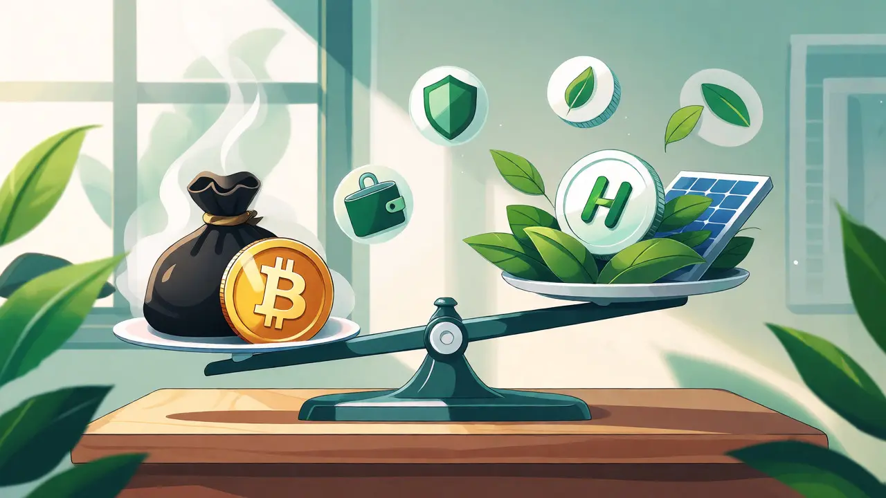 Scale balancing a heavy coal-backed Bitcoin against a light, leaf-supported BTC.ℏ coin.