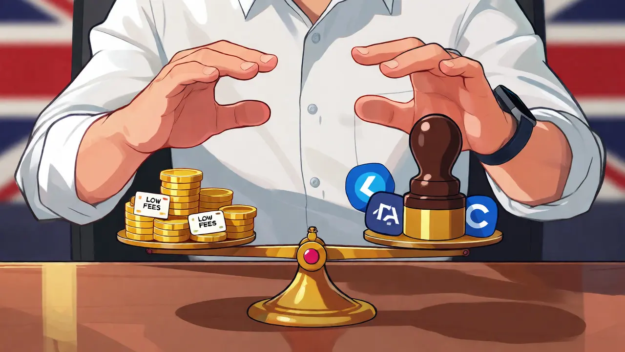 Scale balancing low fees against regulatory safety for UK crypto users.