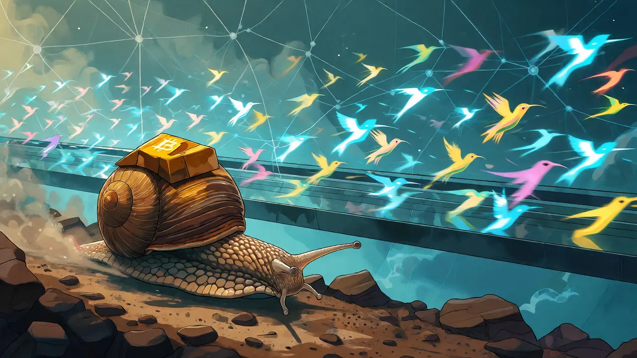 Snail versus hummingbirds illustrating slow Bitcoin vs fast BTC.ℏ transaction speeds.