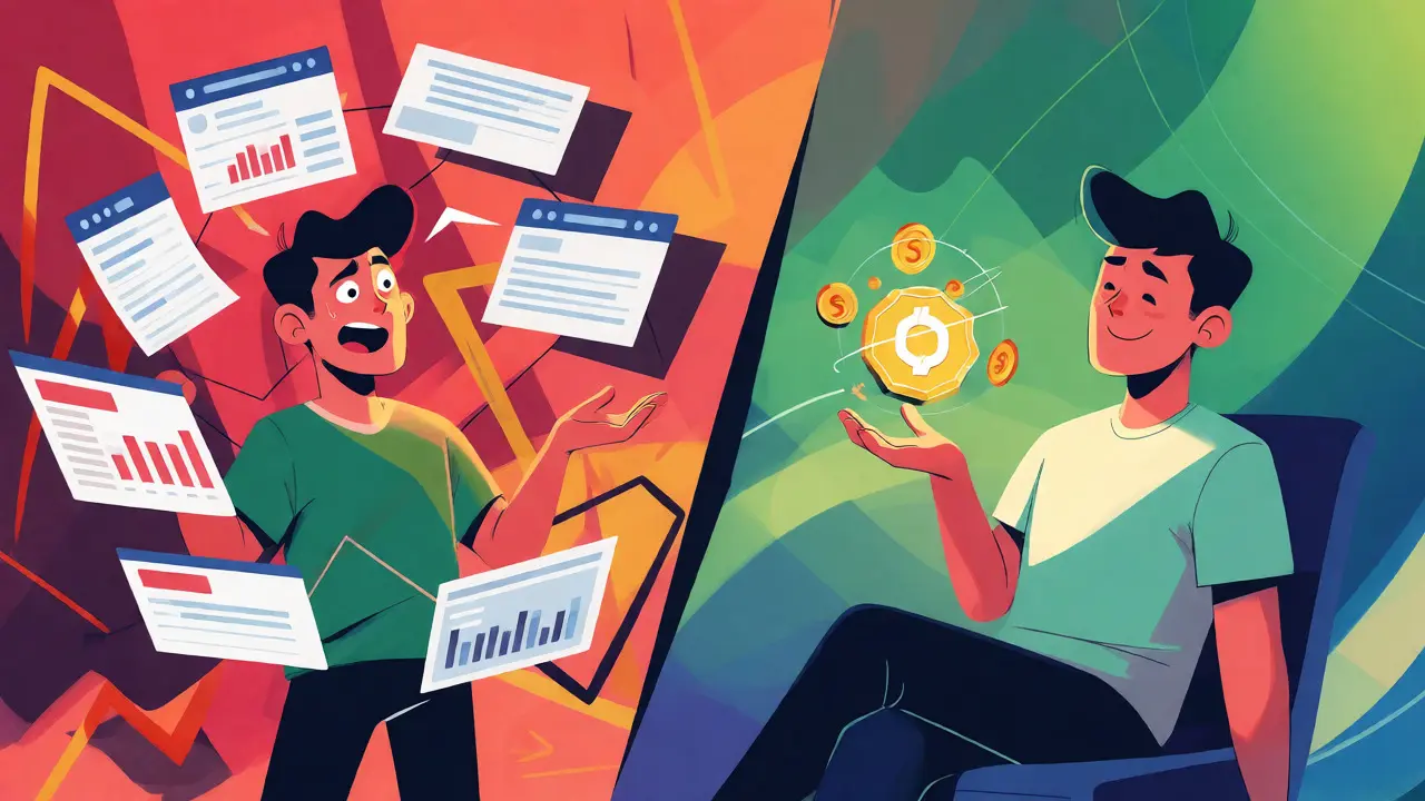 Split-scene illustration contrasting a stressed trader managing charts with a relaxed user earning fees.