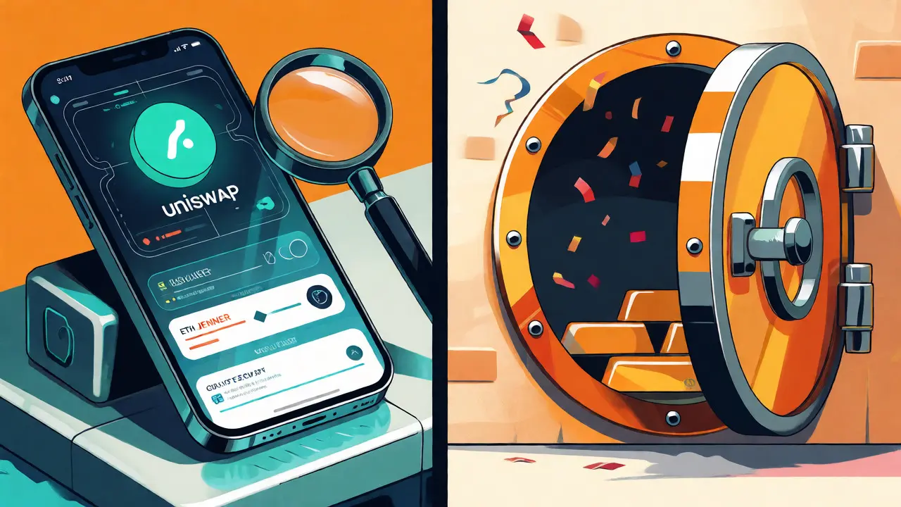 Split-screen illustration contrasting a mobile DeFi trading app with an empty vault symbolizing lack of utility.
