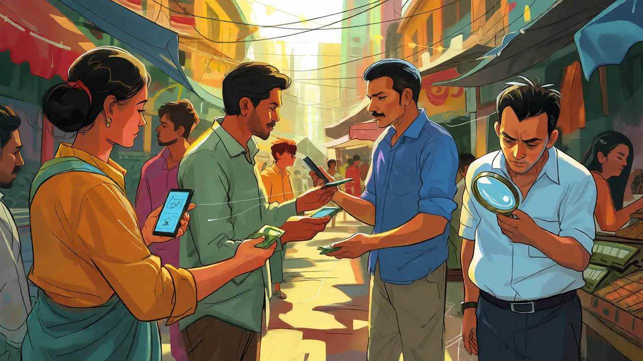 Street traders exchanging crypto via phones while a banker watches
