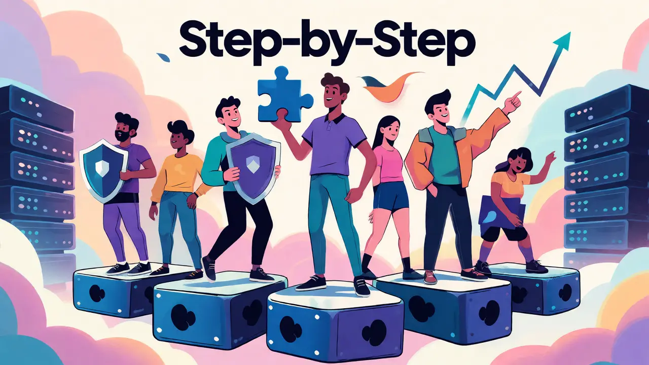 Stylized characters on a blockchain platform engaging in network tasks.