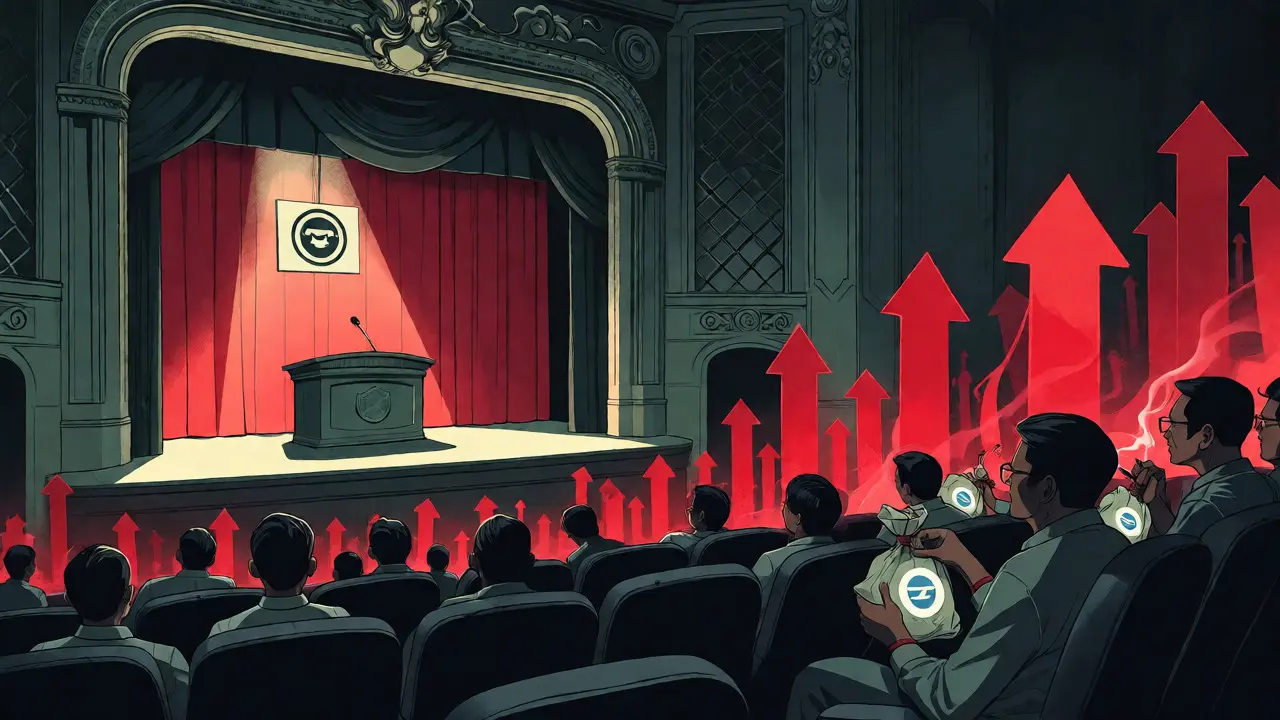 Theater stage showing crypto ban vs citizens facing inflation