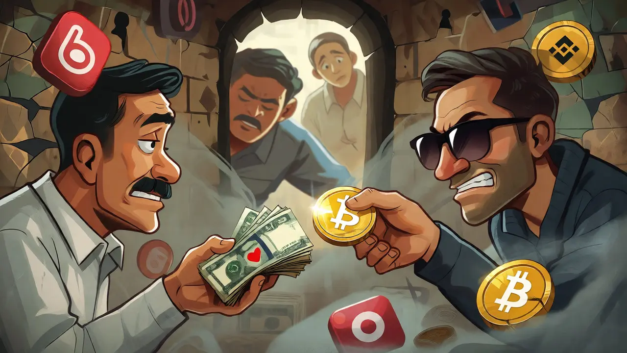 Underground P2P crypto exchange with anxious traders and hidden banks